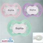 Pakke med 3 stk. Baby Nova sutter med navn (Lyser�d, Lilla, Mint Gr�n) Symmetriske Silikone fra 6 md.